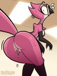  anthro avian barkyeet beak big_butt bird bodily_fluids breasts butt eyewear eyewear_only feathers female genital_fluids glasses glasses_only hi_res looking_at_viewer looking_back looking_back_at_viewer nipples non-mammal_breasts non-mammal_nipples nude pink_body pink_feathers pussy_juice rear_view rectangular_glasses solo tail_feathers wide_eyed 