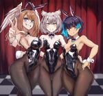  animal_ears ass_visible_through_thighs black_leotard blue_eyes blue_hair breasts brown_hair cat_ears chest_jewel cleavage damagefloor eunie_(xenoblade) fake_animal_ears fake_tail fiery_hair glowing_lines grey_hair hand_on_own_hip head_wings highres large_breasts leotard mio_(xenoblade) pantyhose playboy_bunny rabbit_tail sena_(xenoblade) small_breasts smile strapless strapless_leotard tail thigh_gap wings wrist_cuffs xenoblade_chronicles_(series) xenoblade_chronicles_3 yellow_eyes 