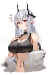  1girl arknights black_bra bra breasts cleavage commentary cowboy_shot demon_horns double-parted_bangs ear_piercing expressionless grey_hair hair_between_eyes hair_ornament hand_on_own_chest highres horn/wood horns infection_monitor_(arknights) jumpsuit large_breasts long_hair looking_at_viewer mudrock_(arknights) mudrock_(elite_ii)_(arknights) navel notice_lines open_jumpsuit oripathy_lesion_(arknights) parted_lips piercing pointy_ears red_eyes simple_background solo sports_bra steaming_body stomach sweat underwear white_background white_jumpsuit 