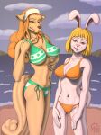  anthro beach bikini blonde_hair breasts brown_eyes canid canine canis carrot_(one_piece) clothing cloud domestic_dog duo female female/female fur hair hi_res lagomorph leporid long_hair mammal midriff minkmen_(one_piece) navel one_piece orange_hair rabbit sacrificabominat sea seaside swimwear wanda_(one_piece) water white_body white_fur 