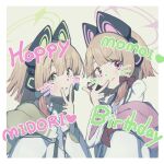  2girls animal_ear_headphones animal_ears blonde_hair blue_archive blue_necktie border bow cat_ear_headphones character_name collared_shirt drawn_whiskers fake_animal_ears green_bow green_eyes green_halo hair_bow halo hand_up happy_birthday headphones jacket light_green_background long_sleeves looking_at_viewer low-tied_sidelocks midori_(blue_archive) momoi_(blue_archive) multicolored_clothes multicolored_jacket multiple_girls necktie open_mouth parted_bangs pink_eyes pink_halo red_bow shi0n_krbn shirt short_hair siblings sisters smile twins upper_body v white_border white_shirt 