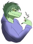  2022 5_fingers anthro baryonyx black_nails breasts cigarette cigarette_smoke clothing colored colored_nails dinosaur female fingers green_body green_hair green_scales grey_eyes hair half-closed_eyes hoodie i_wani_hug_that_gator nails narrowed_eyes olivia_(iwhtg) pupils reptile scales scalie shaded simple_background slit_pupils snout solo spinosaurid theropod topwear v_r_z 