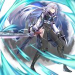  1girl blue_eyes clothing_cutout coat double-parted_bangs eiyuu_densetsu floating_hair full_body hair_between_eyes half_updo highres holding holding_sword holding_weapon japanese_clothes katana kuro_no_kiseki murazo_(0606) open_clothes open_coat shizuna_rem_misurugi smile solo sword thigh_cutout thighhighs weapon 