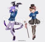  2girls bandaged_arm bandages black_footwear black_headwear black_pantyhose black_skirt blue_eyes blue_shirt braid brown_eyes brown_hair cane dragon_tail eine_(virtuareal) ember_(selen_tatsuki) full_body hat head_wings heterochromia long_hair multiple_girls nijisanji nijisanji_en official_art open_mouth pants pantyhose pink_eyes purple_hair purple_pants purple_wings sample_watermark sawa_(3030sawa) selen_tatsuki shirt shoes skirt smile sneakers t-shirt tail top_hat twin_braids virtual_youtuber virtuareal watermark wings 