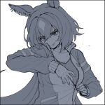  1girl animal_ears border breasts cleavage collarbone greyscale hair_between_eyes hands_up highres horse_ears jacket long_hair long_sleeves looking_at_viewer monochrome no_nose open_clothes open_jacket shiro3necro shirt sirius_symboli_(umamusume) small_breasts smile solo sweat umamusume unzipping upper_body very_long_hair 