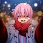  1girl blush bocchi_the_rock! facing_viewer gloves gotoh_hitori hair_ornament highres hinghoi jacket meme nervous_smile open_mouth pink_hair pov pov_cheek_warming_(meme) red_gloves red_scarf scarf smile solo sweatdrop upper_body wavy_mouth 