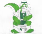  2023 alligator alligatorid anthro biped bottomwear bottomwear_down brok_(character) brok_the_investigator bulge clothed clothing crocodilian green_body hat headgear headwear hi_res humanoid_hands male pants pants_down partially_clothed reptile scalie shirt simple_background sitting soiledkevyn solo toilet topwear underwear white_background 