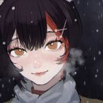  1girl animal_ears black_hair blush brown_eyes center-flap_bangs close-up closed_mouth hair_ornament highres hololive kafan light_blush light_smile lips looking_at_viewer multicolored_hair nose ookami_mio portrait red_hair scarf short_hair smile snowing solo streaked_hair turtleneck white_scarf wolf_ears wolf_girl x_hair_ornament 