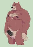  2023 absurd_res anthro balls bear black_nose bodily_fluids brown_body erection genital_fluids genitals hi_res humanoid_genitalia humanoid_hands humanoid_penis kemono male mammal moobs nipples overweight overweight_male penis precum simple_background solo ujishiyo 