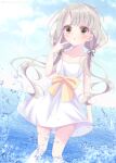  1girl :o absurdres asymmetrical_bangs bare_legs blush braid braided_bangs double_v dress grey_hair highres hisakawa_nagi horizon idolmaster idolmaster_cinderella_girls karentaso_1109 long_hair looking_at_viewer ocean sleeveless sleeveless_dress solo splashing twintails v very_long_hair wading white_dress 