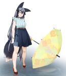  1girl animal_ears belt blue_choker blue_shirt blue_skirt blush bracelet casual choker emil_(fafa) fox_ears fox_girl fox_tail frilled_sleeves frills grey_hair hair_between_eyes hair_ornament hairclip high_heels highres japari_symbol jewelry kemono_friends kemono_friends_3 long_hair multicolored_hair official_alternate_costume orange_eyes pleated_skirt red_belt red_footwear shirt sidelocks silver_fox_(kemono_friends) skirt solo striped striped_shirt tail umbrella vertical-striped_shirt vertical_stripes water 