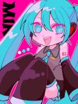 1girl blue_hair boots hatsune_miku heart heart-shaped_eyes necktie pink_background smile solo solo_focus thigh_boots vocaloid xox_755nya 
