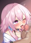  1boy 1girl blush censored collarbone commentary_request cum cum_on_hair ebon ejaculation facial fellatio hair_between_eyes highres honkai:_star_rail honkai_(series) licking licking_penis march_7th_(honkai:_star_rail) medium_hair mosaic_censoring one_eye_closed open_mouth oral penis pink_hair purple_eyes saliva solo_focus tongue tongue_out 