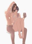  13nohuyu 1boy 1girl absurdres bare_arms bare_shoulders barefoot black_hair breasts brown_hair camisole can couple eren_yeager feet_out_of_frame full_body green_eyes grey_eyes grey_pants hair_between_eyes hetero highres holding holding_can holding_phone holding_towel medium_breasts medium_hair mikasa_ackerman no_pants panties pants parted_lips phone shingeki_no_kyojin shirt short_hair sitting topless_male towel towel_on_head twitter_username underwear white_panties white_shirt 