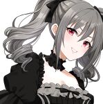  1girl absurdres black_bow black_choker black_dress black_ribbon bow breasts choker cleavage clenched_teeth collarbone commentary_request dress drill_hair eyelashes frilled_choker frilled_dress frills gothic_lolita grey_hair hair_bow head_tilt highres idolmaster idolmaster_cinderella_girls juliet_sleeves kanzaki_ranko light_blush lolita_fashion long_sleeves looking_at_viewer looking_to_the_side medium_bangs medium_breasts medium_hair open_mouth popon_ta puffy_sleeves red_eyes ribbon sidelocks simple_background smile solo standing striped striped_dress teeth twin_drills upper_body vertical-striped_dress vertical_stripes white_background 