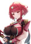  1girl absurdres aegis_sword_(xenoblade) blush breasts chest_jewel cleavage dangle_earrings earrings fingerless_gloves gem gloves headpiece highres jewelry large_breasts pyra_(xenoblade) red_eyes red_hair short_hair skin_tight smile solo swept_bangs sword taro_(peach_taro51) tiara weapon xenoblade_chronicles_(series) xenoblade_chronicles_2 