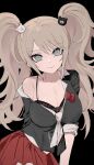  1girl bear_hair_ornament black_background black_shirt blonde_hair bow breasts cleavage collarbone danganronpa:_trigger_happy_havoc danganronpa_(series) enoshima_junko hair_ornament highres hwang_(h751073) large_breasts long_hair looking_at_viewer nail_polish necktie red_bow red_skirt shirt simple_background single_bare_shoulder skirt smile solo twintails two-tone_necktie 