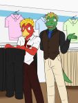  alligator alligatorid anthro avian bird bottomwear clothed clothing clothing_store crocodilian duo fully_clothed fuze hi_res holding_bottomwear holding_clothing holding_object holding_pants male necktie pants reptile scalie shirt topwear tyler_(fuze) vest 