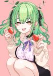 bow breasts ceres_fauna ceres_fauna_(jirai_kei) cleavage cleavage_cutout clothing_cutout food fruit green_hair highres hololive hololive_english jacket leopxl long_hair looking_at_viewer mole mole_under_eye official_alternate_costume pixel_art smile solo strawberry virtual_youtuber 