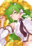  1girl antenna_hair blush breasts brown_necktie collared_shirt commentary_request covered_nipples detached_sleeves frog_hair_ornament ginkgo_leaf green_eyes green_hair hair_ornament half-closed_eyes highres kei_jiei kochiya_sanae large_breasts leaf long_hair looking_at_viewer medium_bangs navel necktie one_eye_closed open_mouth shirt single_hair_tube sleeveless sleeveless_shirt snake_hair_ornament solo touhou upper_body white_shirt white_sleeves 
