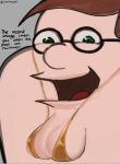  1boy absurdres bikini brown_hair cleft_chin double_chin english_text family_guy fat fat_man glasses gold_bikini green_eyes highres kowai_(iamkowai) looking_at_viewer male_focus open_mouth peter_griffin round_eyewear short_hair solo swimsuit very_short_hair 