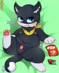  absurd_res anthro atlus balls belly chips_(food) erection food genitals hi_res lying male megami_tensei megami_tensei_persona moobs morgana_(persona) navel on_back overweight pawpads penis sega solo zanzan_(artist) 