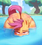 absurd_res big_butt butt equid equine eyelashes female feral friendship_is_magic half-closed_eyes hasbro hi_res looking_at_viewer mammal my_little_pony narrowed_eyes orange_body outside partially_submerged pegasus plant pupils scootaloo_(mlp) solo thick_thighs tree water welost wings 