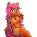  anormaluser anthro belly big_breasts bottomless bra bra_lift bra_pull breasts cleavage clothed clothing clothing_pull female hair legwear navel parappa_the_rapper paula_fox pink_hair sitting slightly_chubby solo sony_corporation sony_interactive_entertainment stockings underwear underwear_pull yellow_body 