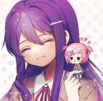  2girls blazer chibi closed_eyes collar collared_shirt doki_doki_literature_club hair_ornament hairclip highres jacket long_hair multiple_girls natsuki_(doki_doki_literature_club) pink_hair purple_hair seirense34 shirt smile teeth upper_body yuri_(doki_doki_literature_club) 