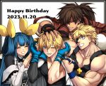  1girl 3boys black_gloves blonde_hair blue_eyes blue_gloves blue_hair brown_hair dated dizzy_(guilty_gear) ebi_pri_shrimp eyepatch family father-in-law_and_son-in-law father_and_son fingerless_gloves forehead_protector gloves grandfather_and_grandson guilty_gear guilty_gear_strive hair_between_eyes hair_ribbon hair_rings happy_birthday headband highres husband_and_wife ky_kiske long_hair looking_at_viewer male_focus mother_and_son multiple_boys muscular muscular_male open_mouth pectorals ribbon short_hair sin_kiske smile sol_badguy spiked_hair yellow_ribbon 