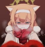  1girl abc_(type5_labyrith) absurdres animal_ear_fluff animal_ears blue_archive blue_eyes breath brown_jacket cat_ears cat_girl clenched_teeth crying crying_with_eyes_open frown halo highres jacket long_hair long_sleeves looking_at_viewer mari_(blue_archive) meme mittens orange_hair pov_cheek_warming_(meme) red_mittens red_scarf scarf strangling tears teeth trembling yellow_halo 