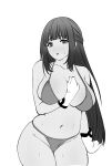  1girl bikini blunt_bangs blush breasts cowboy_shot ding36 fern_(sousou_no_frieren) gloves highres large_breasts long_hair looking_at_viewer monochrome navel open_mouth plump simple_background skindentation solo sousou_no_frieren sweat swimsuit white_background 