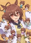  1girl absurdres agnes_tachyon_(lunatic_lab)_(umamusume) agnes_tachyon_(umamusume) ahoge animal_ears bespectacled black_necktie black_shirt blue-tinted_eyewear blush blush_stickers breasts brown_hair cellphone chemical_structure chibi closed_mouth collared_shirt commentary_request crossed_legs denim ear_ornament earrings ears_down glasses green_jacket hair_between_eyes highres holding holding_phone horse_ears horse_girl jack_(jacknoeaka) jacket japanese_clothes jeans jewelry kii-kun_(agnes_tachyon)_(umamusume) kimono lab_coat layered_sleeves long_sleeves looking_at_viewer multiple_views necktie obi official_alternate_costume open_mouth orange_background pants phone polka_dot polka_dot_background purple_sweater red_eyes round_eyewear running sash shirt short_hair simple_background single_earring sleeves_past_wrists smartphone smile sweater sweater_vest tail tied_jacket tinted_eyewear torn_clothes torn_jeans torn_pants umamusume unaligned_breasts very_long_sleeves white_footwear yellow_sweater_vest 