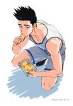  1boy basketball_jersey basketball_uniform black_footwear black_hair blue_eyes box eating food fruit full_body highres holding holding_box holding_food holding_fruit lemon lemon_slice looking_at_viewer male_focus niarwol sendou_akira shadow short_hair shorts simple_background slam_dunk_(series) solo spiked_hair sportswear squatting tank_top toned toned_male white_background white_shorts white_tank_top 