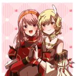  2girls :d armor blonde_hair blush bodysuit braid choker citrinne_(fire_emblem) covered_navel detached_sleeves dress feather_hair_ornament feathers fire_emblem fire_emblem_engage gem gold_choker hair_ornament hairband highres jewelry lapis_(fire_emblem) looking_at_viewer multiple_girls necklace open_mouth pink_hair red_eyes short_hair smile user_mmfe4722 