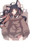  1girl absurdres ahoge animal_ear_fluff animal_ears bare_shoulders black_hair blush brown_background brown_hair brown_sweater commentary_request cropped_legs daidai_ookami highres long_hair long_sleeves looking_at_viewer multicolored_hair off-shoulder_sweater off_shoulder open_mouth original parted_bangs puffy_long_sleeves puffy_sleeves ribbed_sweater sleeves_past_fingers sleeves_past_wrists solo standing sweater tail two-tone_background two-tone_hair very_long_hair white_background 