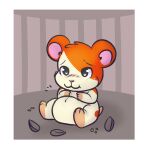  anthro blush cricetid digital_media_(artwork) fur hair hamster hamtaro hamtaro_(series) hi_res male mammal orange_body orange_fur rodent simple_background smile solo tail white_body white_fur zombineko 