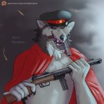  canid canine canis cape clothing errokioslem gun hat headgear headwear hi_res male mammal ranged_weapon shotgun solo weapon were werecanid werecanine werewolf wolf 