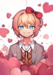  1girl absurdres blazer blue_eyes bow collared_shirt doki_doki_literature_club hair_between_eyes heart highres jacket looking_at_viewer red_bow sayori_(doki_doki_literature_club) school_uniform seirense34 shirt short_hair smile solo upper_body 