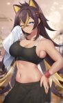  1girl absurdres bare_arms bare_shoulders black_pants blue_eyes breasts brown_hair cleavage commentary_request cowboy_shot crop_top dark_skin dehya_(genshin_impact) genshin_impact highres indoors kirima_(user_danf8787) large_breasts long_hair looking_at_viewer midriff navel one_eye_closed pants pointy_hair solo sports_bra standing stomach sweat towel very_long_hair workout_clothes wristband 