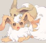  animal_focus animal_on_head blush brown_eyes claws eevee fangs flareon fluffy grey_background hideko_(l33l3b) highres lying no_humans on_head on_stomach open_mouth pawpads pokemon pokemon_(creature) signature simple_background sweatdrop tearing_up tears white_fur 