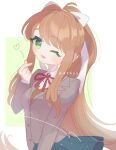  1girl ;d anzen_robo_(474zz) blue_skirt blush breasts brown_hair doki_doki_literature_club green_background green_eyes hair_intakes hair_ribbon heart long_hair looking_at_viewer medium_breasts monika_(doki_doki_literature_club) one_eye_closed ponytail ribbon school_uniform shirt skirt smile twitter_username upper_body white_background white_ribbon white_shirt 