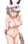  1girl absurdres animal_ears bikini blue_eyes blush brown_hair cheval_grand_(umamusume) clothes_lift commentary_request ear_covers hair_between_eyes hakutaqanta hat highres horse_ears horse_girl horse_tail looking_at_viewer medium_hair multicolored_hair open_mouth peaked_cap simple_background solo streaked_hair swimsuit tail umamusume white_background white_bikini white_hair white_headwear 