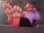  4_toes aliscik anthro barefoot canid canine clothing electronics feet feet_up foot_focus fur hair hi_res hoodie looking_at_viewer male mammal pawpads paws phone red_body red_fur smile soles solo toes topwear 