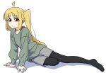  1girl absurdres ahoge ai-generated black_leggings black_pantyhose blonde_hair bocchi_the_rock! detached_hair highres ijichi_nijika leggings legs long_hair looking_at_viewer namaedousiyoka no_shoes pantyhose red_eyes shorts side_ponytail sweater 