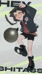  1girl absurdres ankle_boots bandage_on_face bandages bandaid bandaid_on_knee bandaid_on_leg blunt_bangs boots english_text explosive grenade grenade_pin highres jacket kicking m67 original polilla shorts solo 