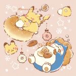  :t ? artist_name blush bread brown_background character_cookie character_food claws closed_eyes closed_mouth commentary_request cookie doughnut eating food highres holding holding_food melon_bread no_humans pikachu pokemon pokemon_(creature) pokemon_on_back psyduck simple_background sleeping snorlax sparkle star_(symbol) temariame14 thought_bubble twitter_username wavy_mouth zzz 