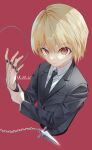  1boy absurdres androgynous black_jacket black_necktie black_suit blonde_hair closed_mouth collared_shirt cropped_torso expressionless formal hand_on_own_wrist hands_up highres hunter_x_hunter jacket jewelry kunai kurapika long_sleeves looking_at_viewer male_focus multiple_rings necktie red_background red_eyes ring shirt short_hair shun&#039;ya_(daisharin36) simple_background solo suit upper_body weapon white_shirt 