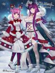  2girls alternate_costume christmas cross-laced_clothes cross-laced_dress doiparuni dress facial_mark fascinator fire_emblem fire_emblem_engage flower folded_twintails hair_flaps hair_rings heart heart_facial_mark high_heels highres hortensia_(fire_emblem) ivy_(fire_emblem) mole mole_under_mouth multicolored_hair multiple_girls pine_tree pink_hair purple_hair rose santa_dress see-through_headwear siblings sisters snowflake_print striped striped_dress tree two-tone_hair two-tone_pantyhose vertical-striped_dress vertical_stripes white_flower white_rose 