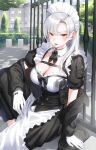  1girl breasts cleavage highres kfr large_breasts long_hair looking_at_viewer maid maid_headdress original outdoors red_eyes solo white_hair 